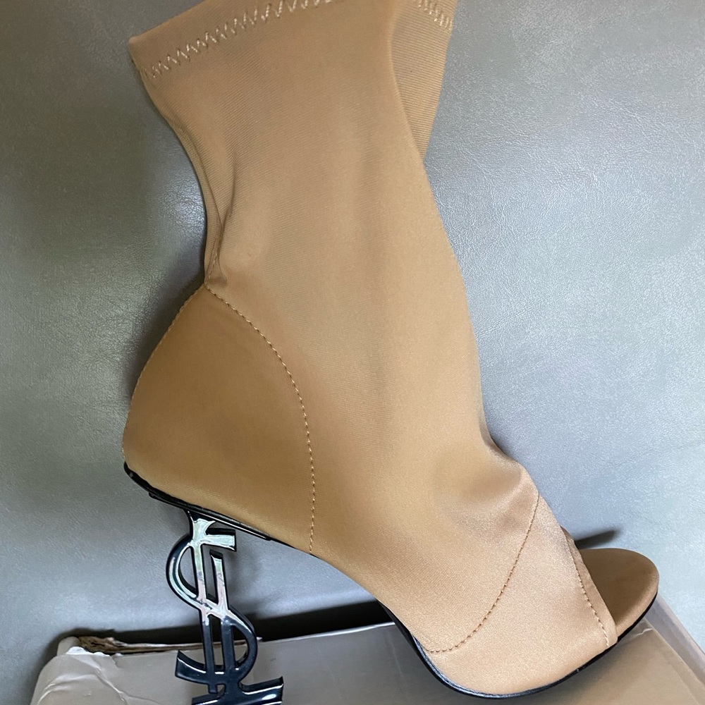 Tan suede open toe heel